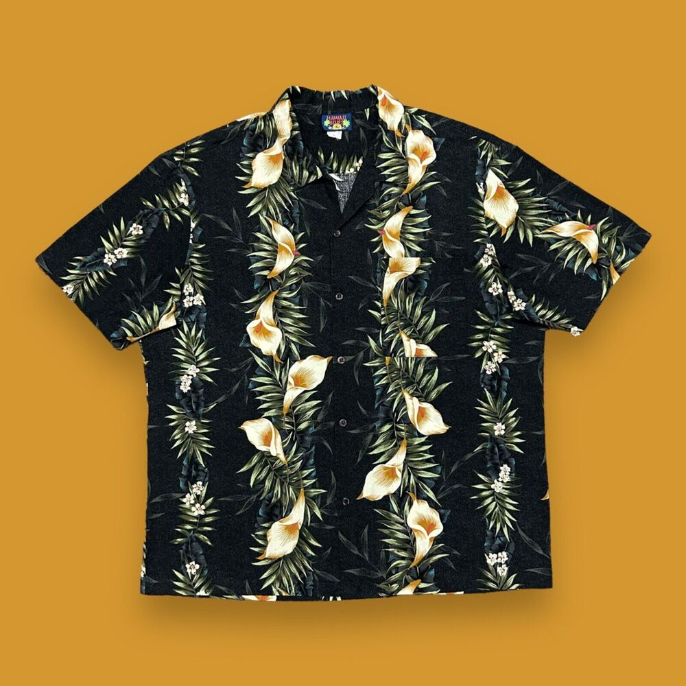 Vintage Hawaiian Shirt Floral Print Aloha Camp 90s Cotton Black XL